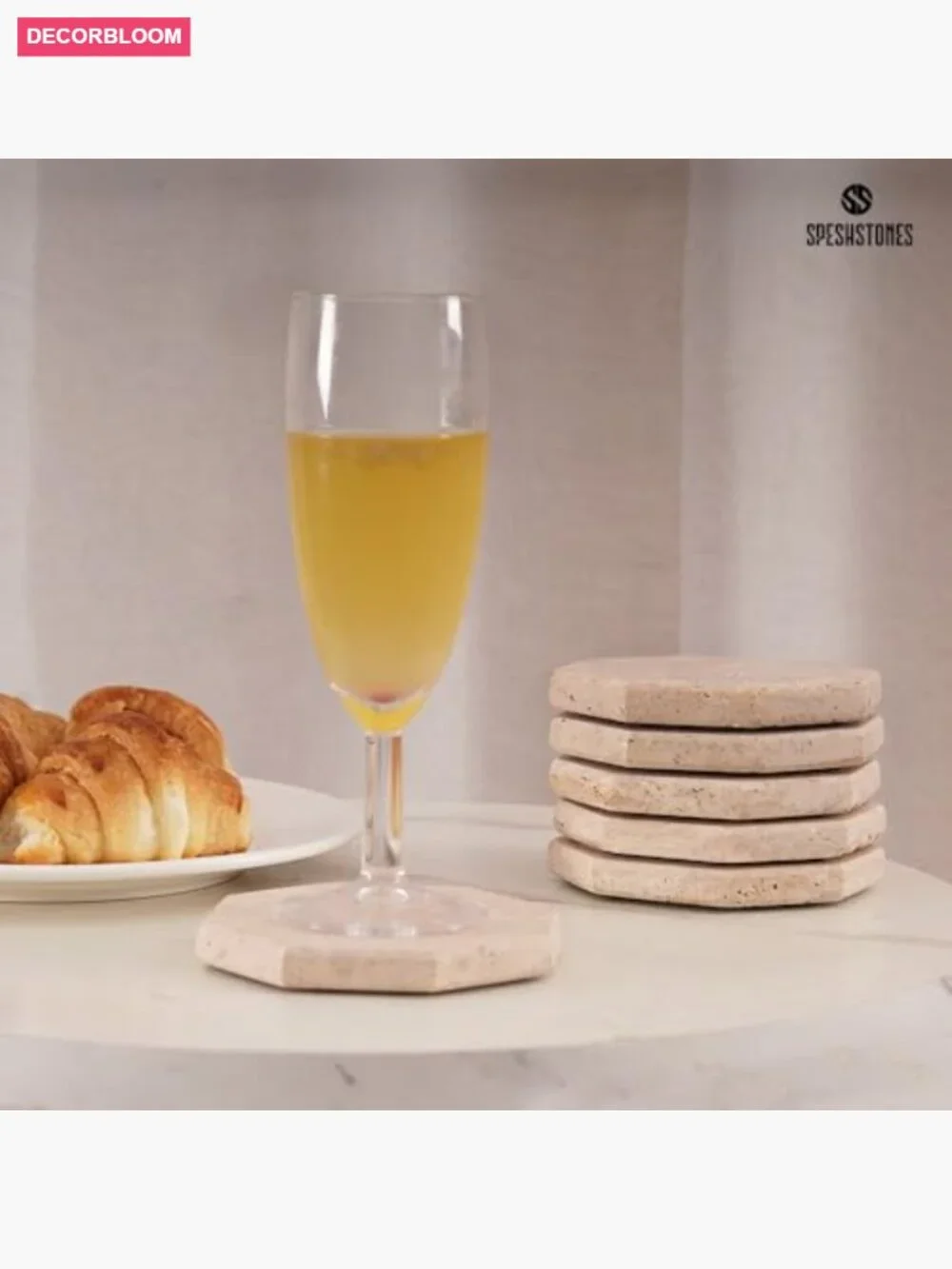 Set of 6 Travertine Marble Drink Coasters Octagon Shape with Felt Bottom